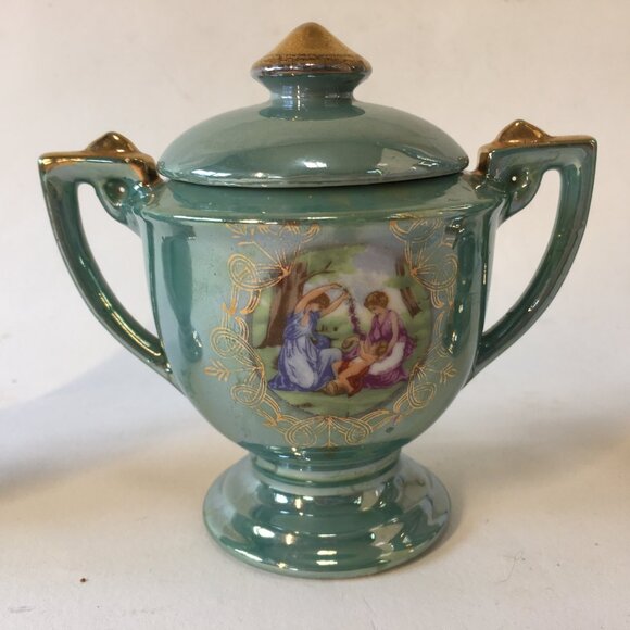 Vintage Victorian Couple Iridescent Porcelain Tea Set Luster Japan Blue Teapot - Picture 12 of 16